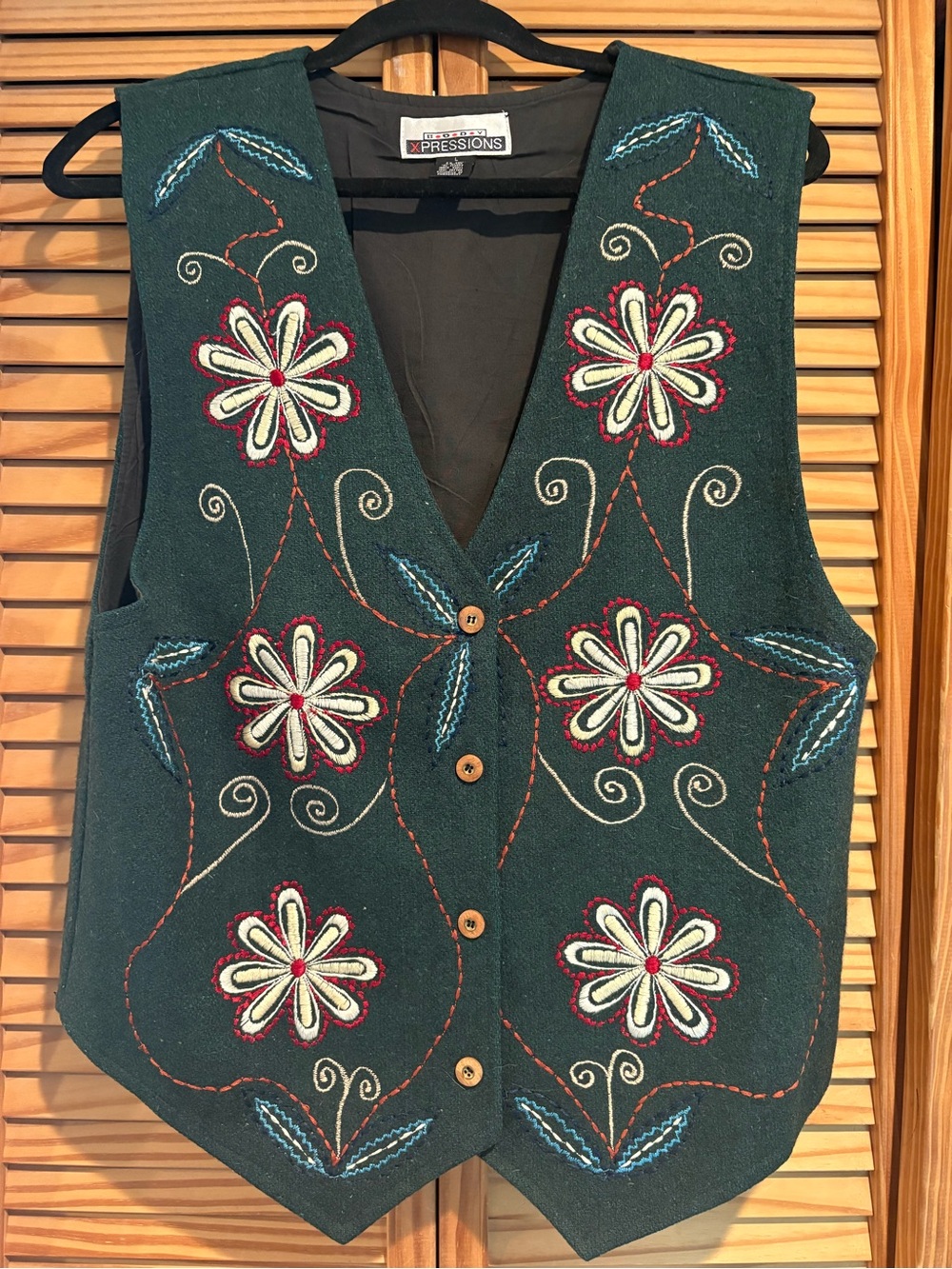 Vintage Wool Blend Vest Embroidered Flowers Cottagecore Granny Core Grandmacore